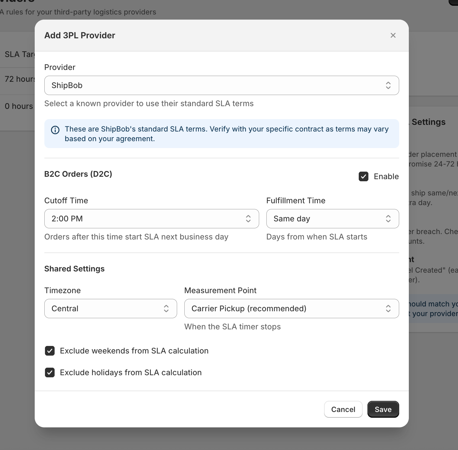 3PL Pulse SLA configuration interface showing cutoff times, fulfillment promises, and measurement points for tracking 3PL performance