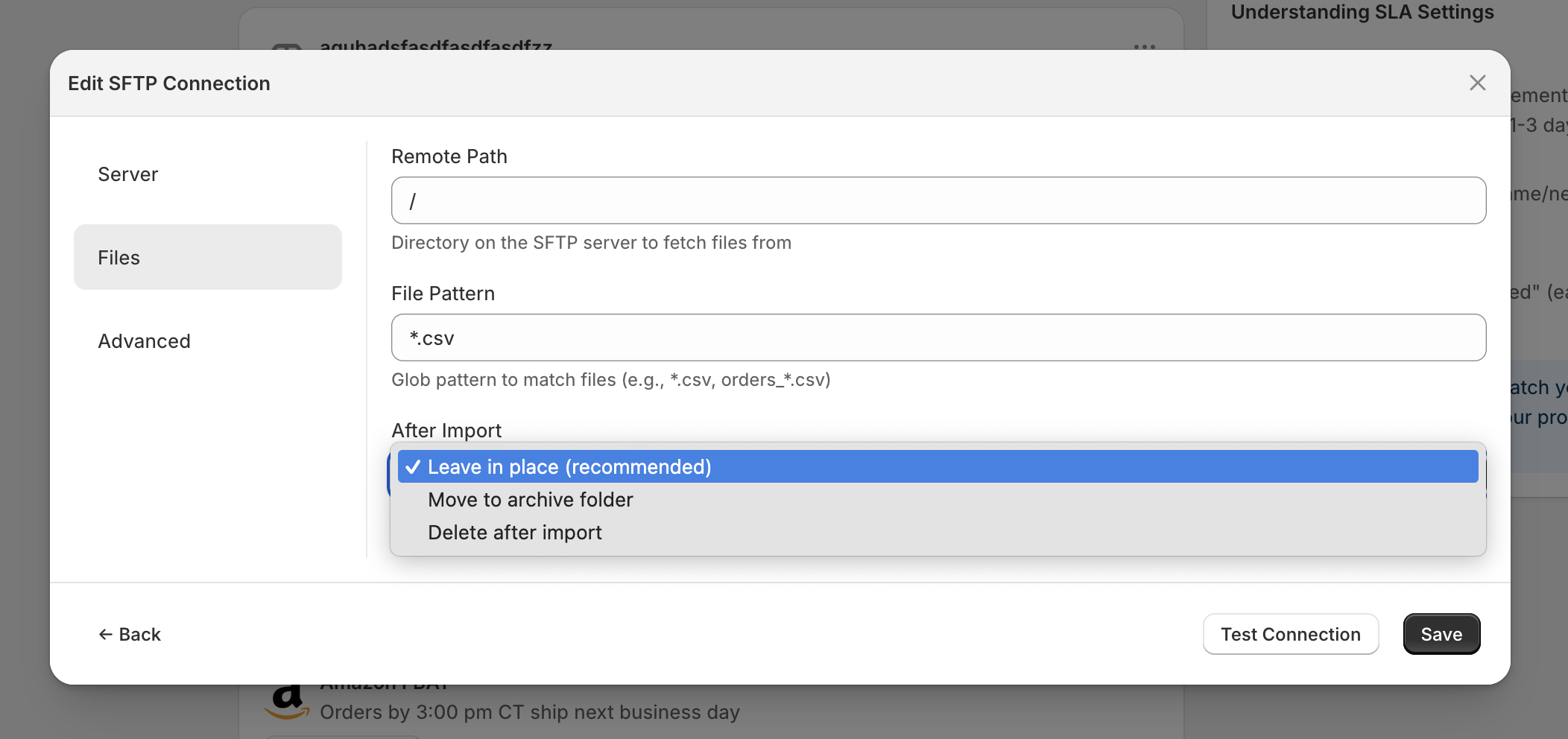 SFTP file handling options dropdown