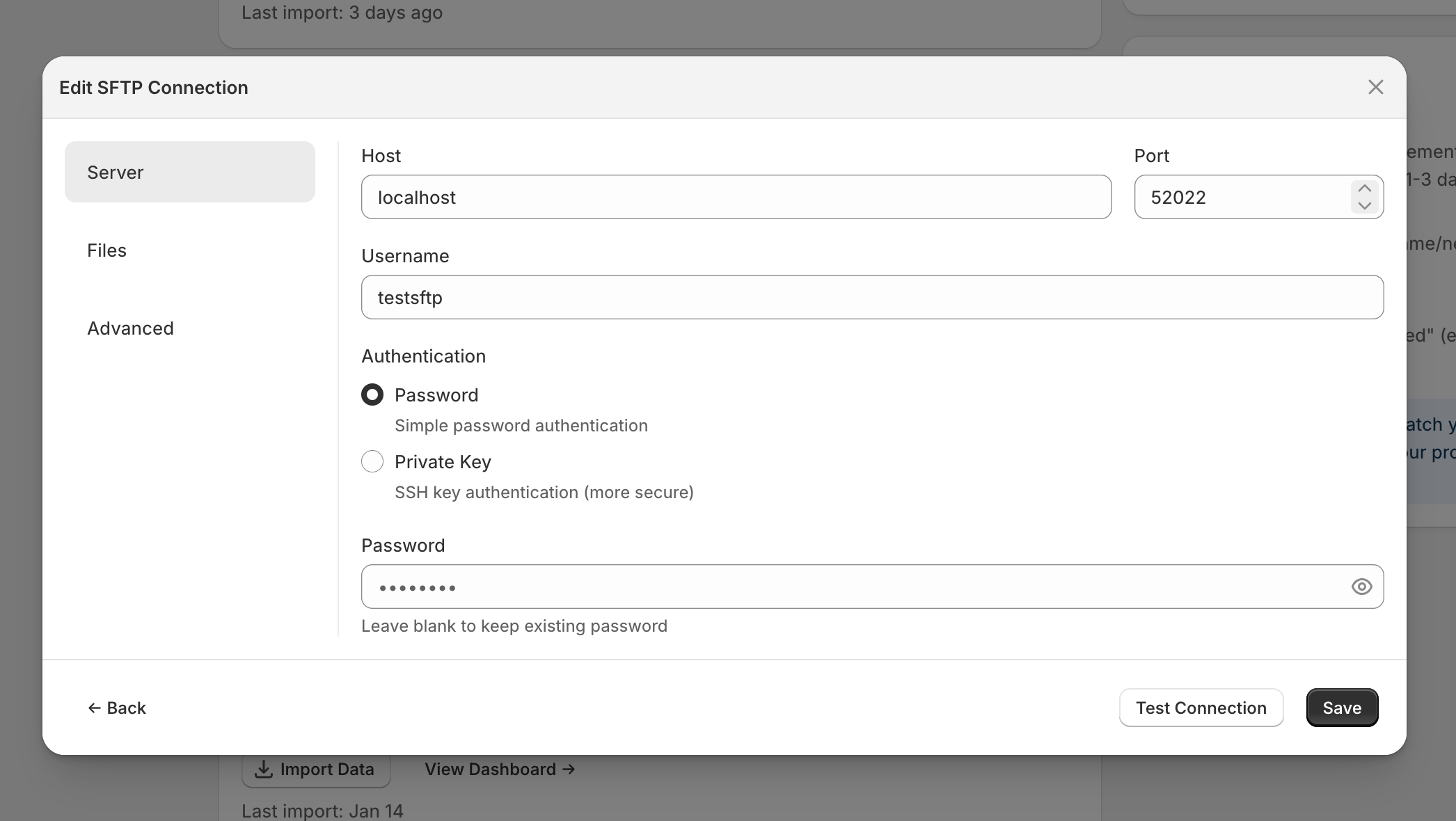 SFTP connection settings showing authentication options
