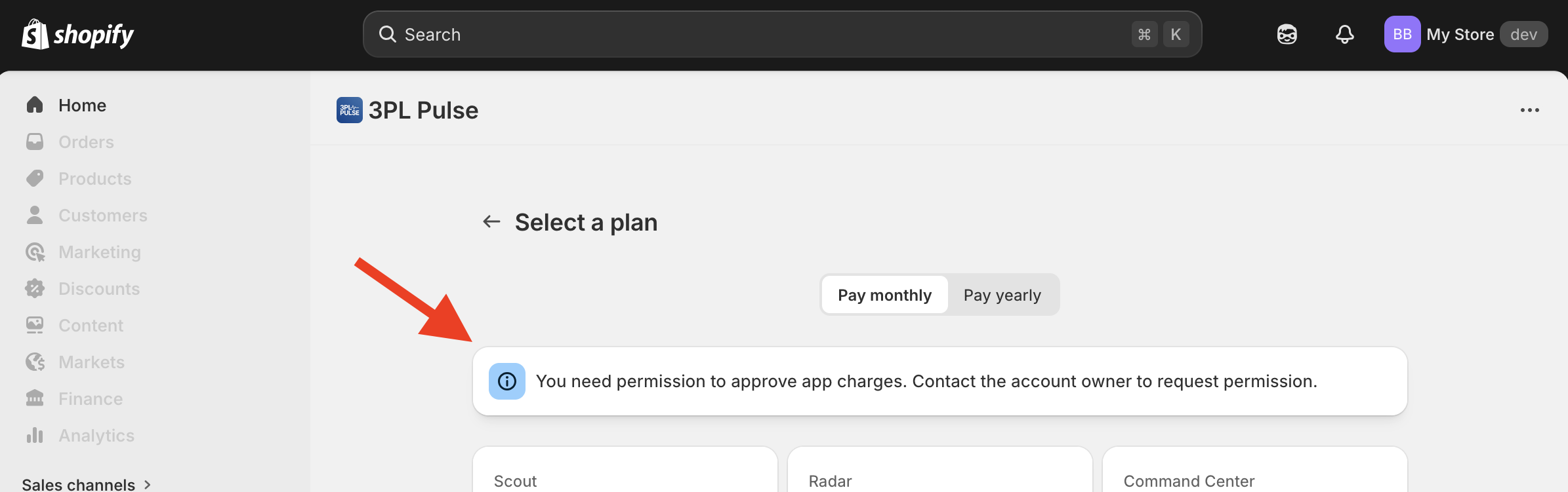 Shopify billing page showing 'You need permission to approve app charges' banner